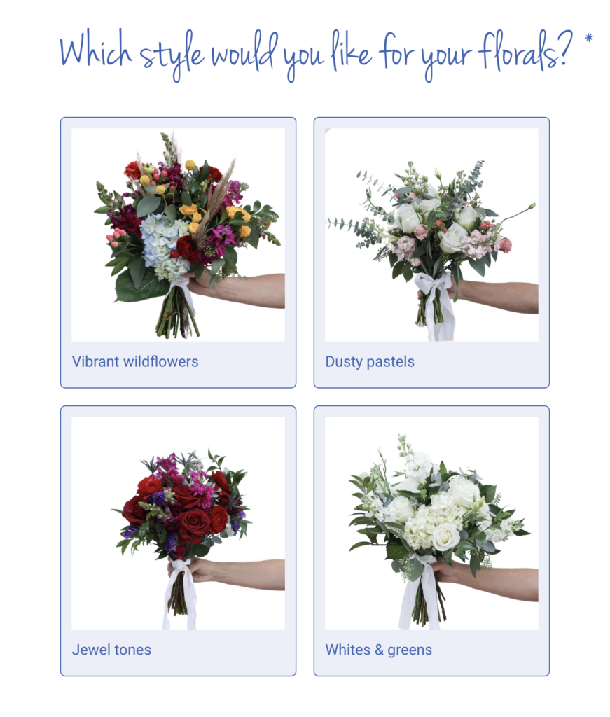 A selection of four floral bouquet styles for wedding options, featuring images of different bouquets: top left labeled 'Vibrant wildflowers' with colorful mixed blooms, top right labeled 'Dusty pastels' with soft pink and white flowers, bottom left labeled 'Jewel tones' with deep red and purple flowers, and bottom right labeled 'Whites & greens' with a classic mix of white roses and greenery.